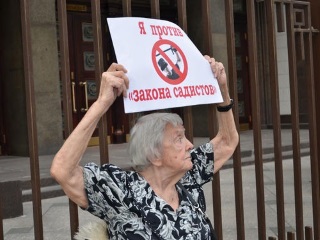 Глава МХГ Людмила Алексеева пикетирует Госдуму РФ, протестуя против принятия "закона садистов". 29.05.2015